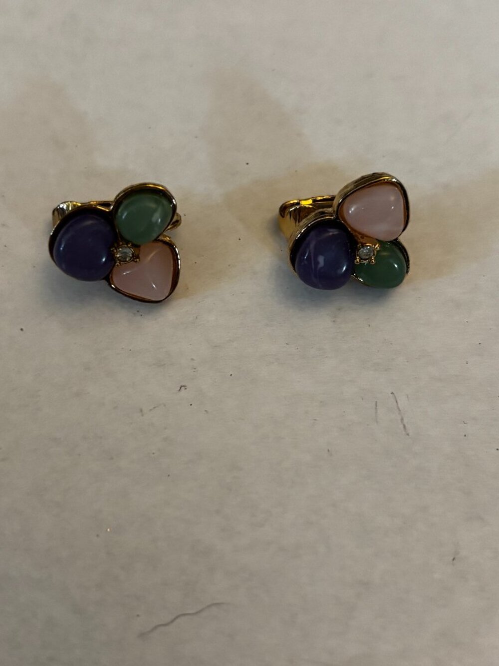 Avon clip on earrings gold tone blue pink green glass stones